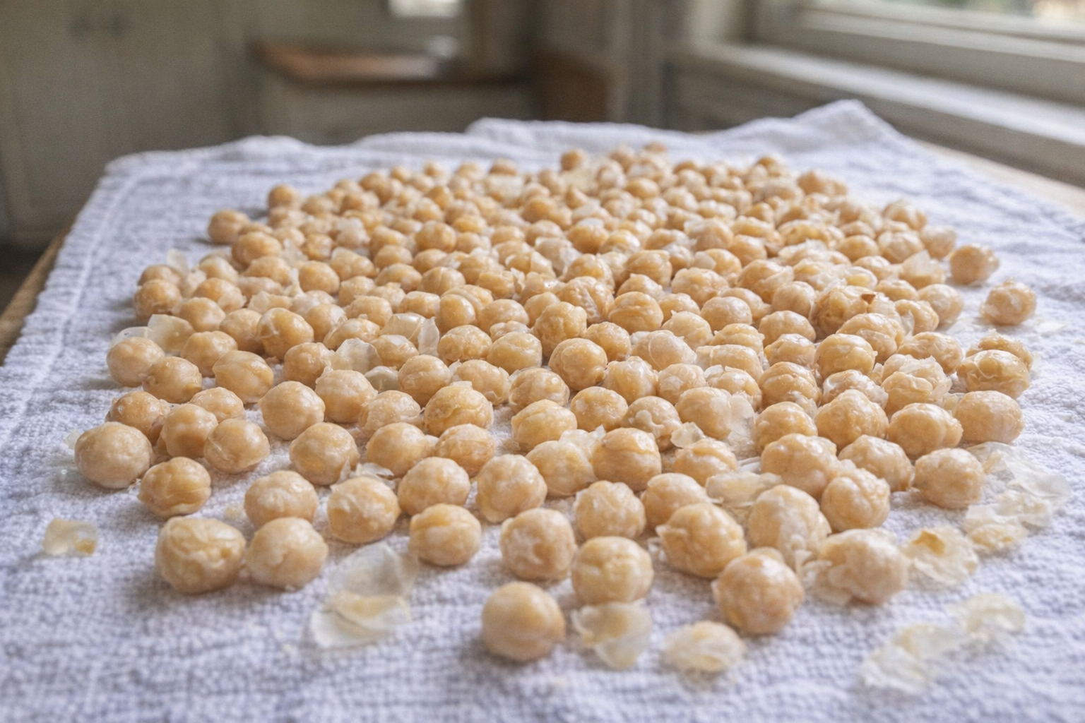 A close-up shot of drained and rinsed chickpeas spread out on a clean kitchen towel, some skins partially removed, bathed in natural light.